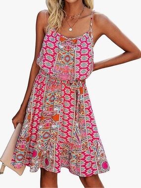 Women’s Pink Printed Sundress with Spaghetti Straps